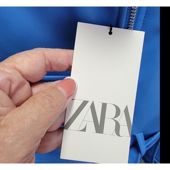 ZARA blue Faux Leather Biker Jacket Size S Moto chic streetwear urban fashion - Picture 9 of 10